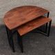 Half-circle wooden tables, metal feet