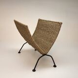 Vintage woven rope folding magazine rack with black metal frame, 1960s