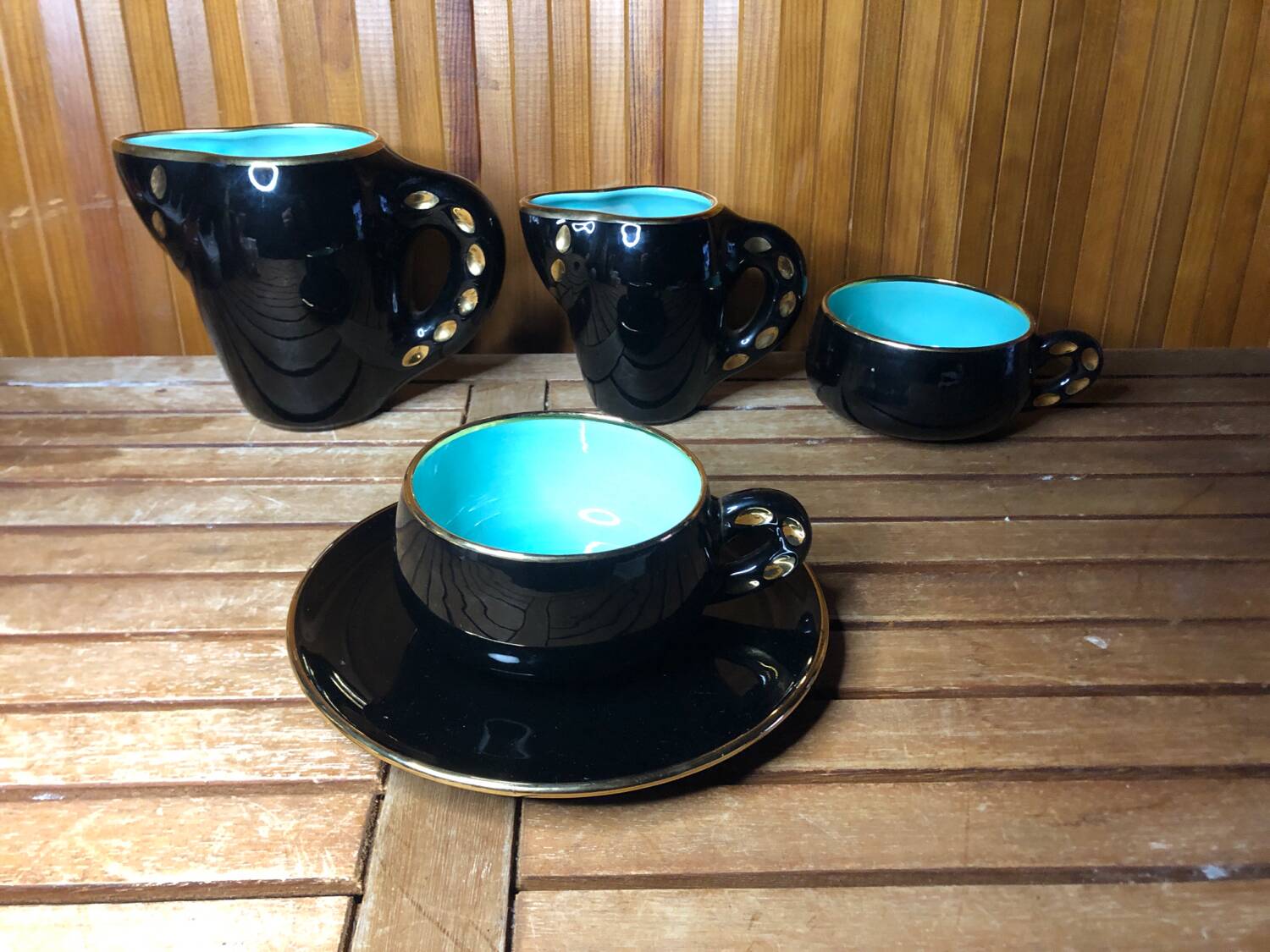 Old magdalith breakfast service black & blue ceramic vintage #a517