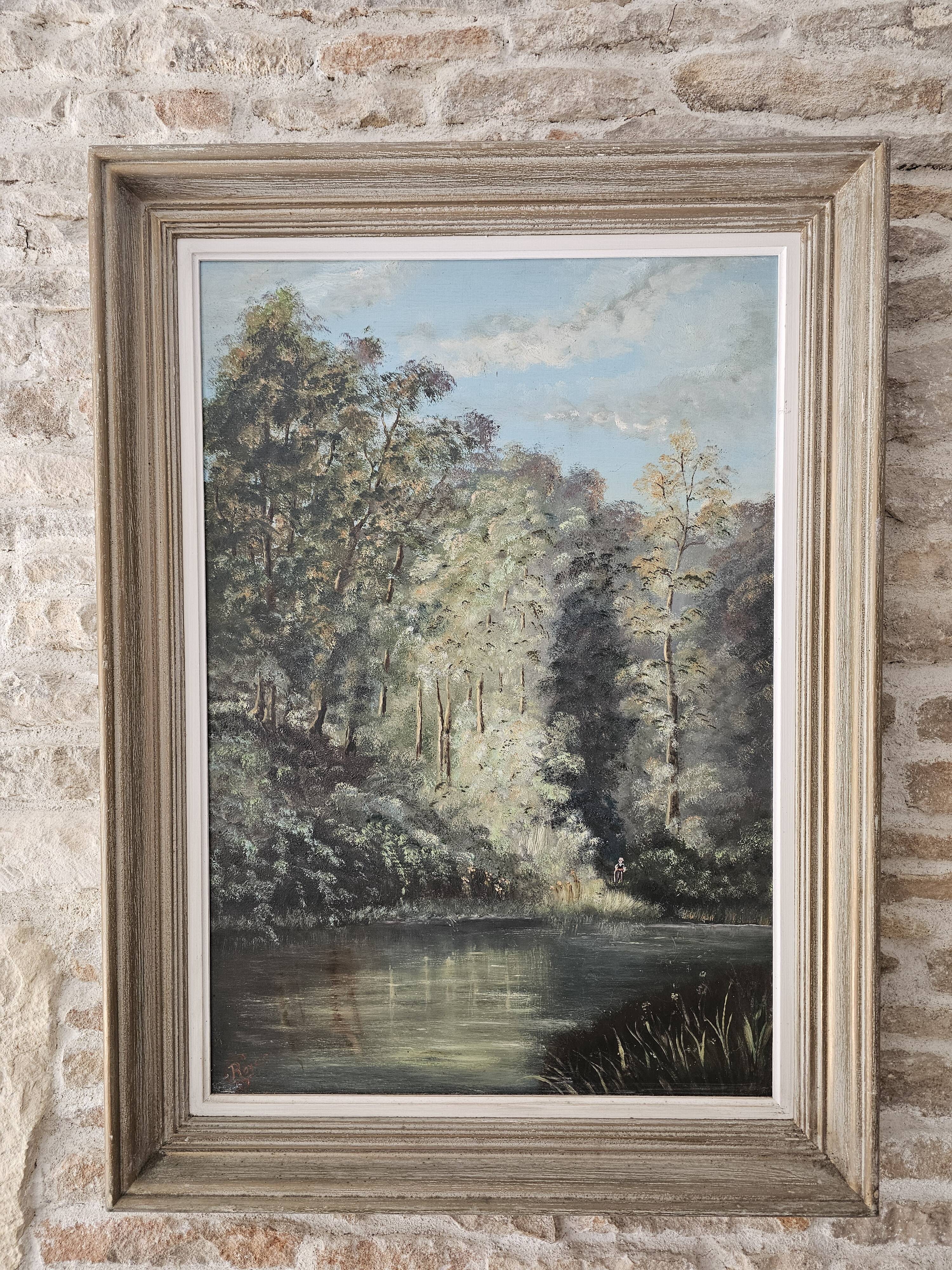 Oil painting on Isorel - River landscape Signed G Royer 86cm x 63cm
