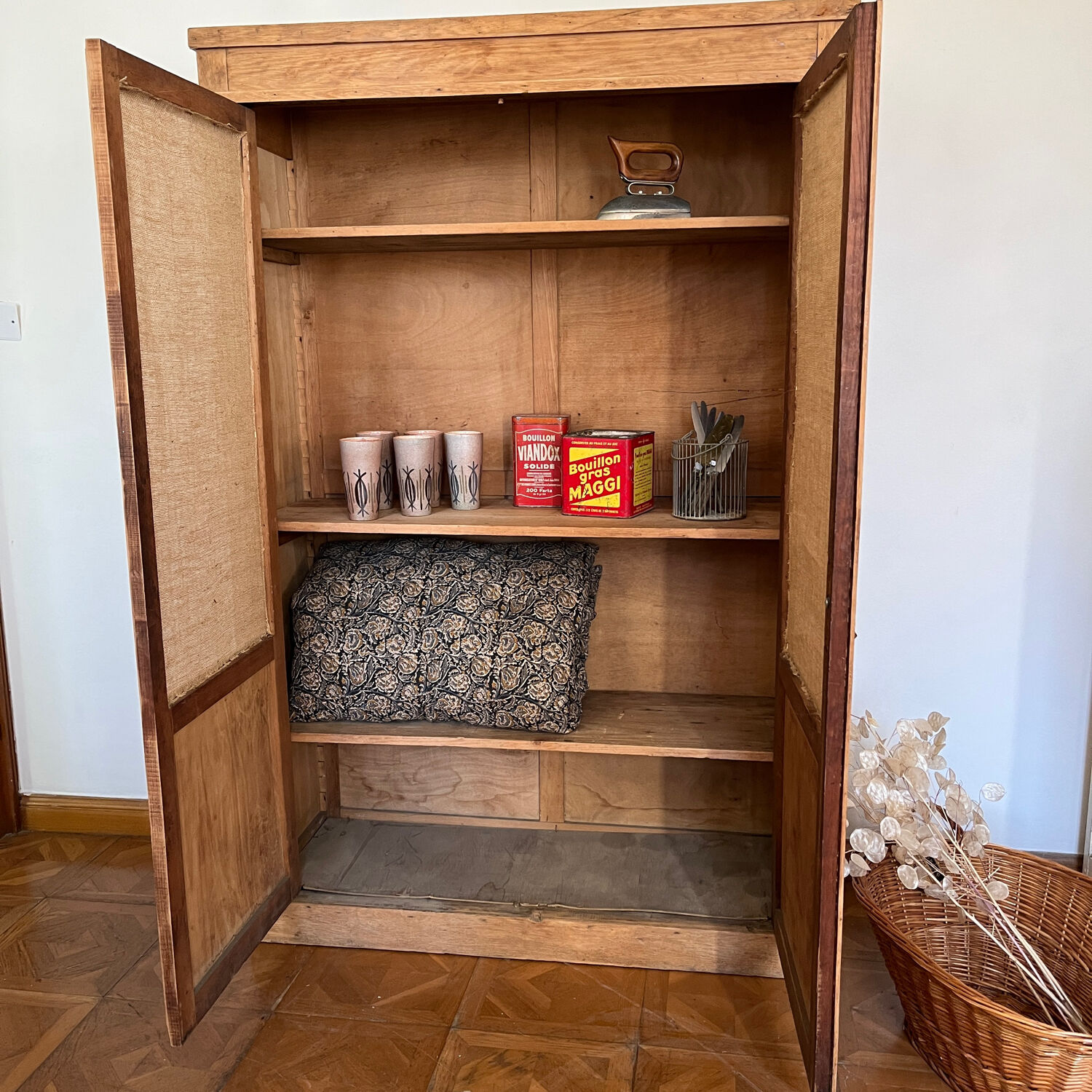 Raw wood cabinet & burlap