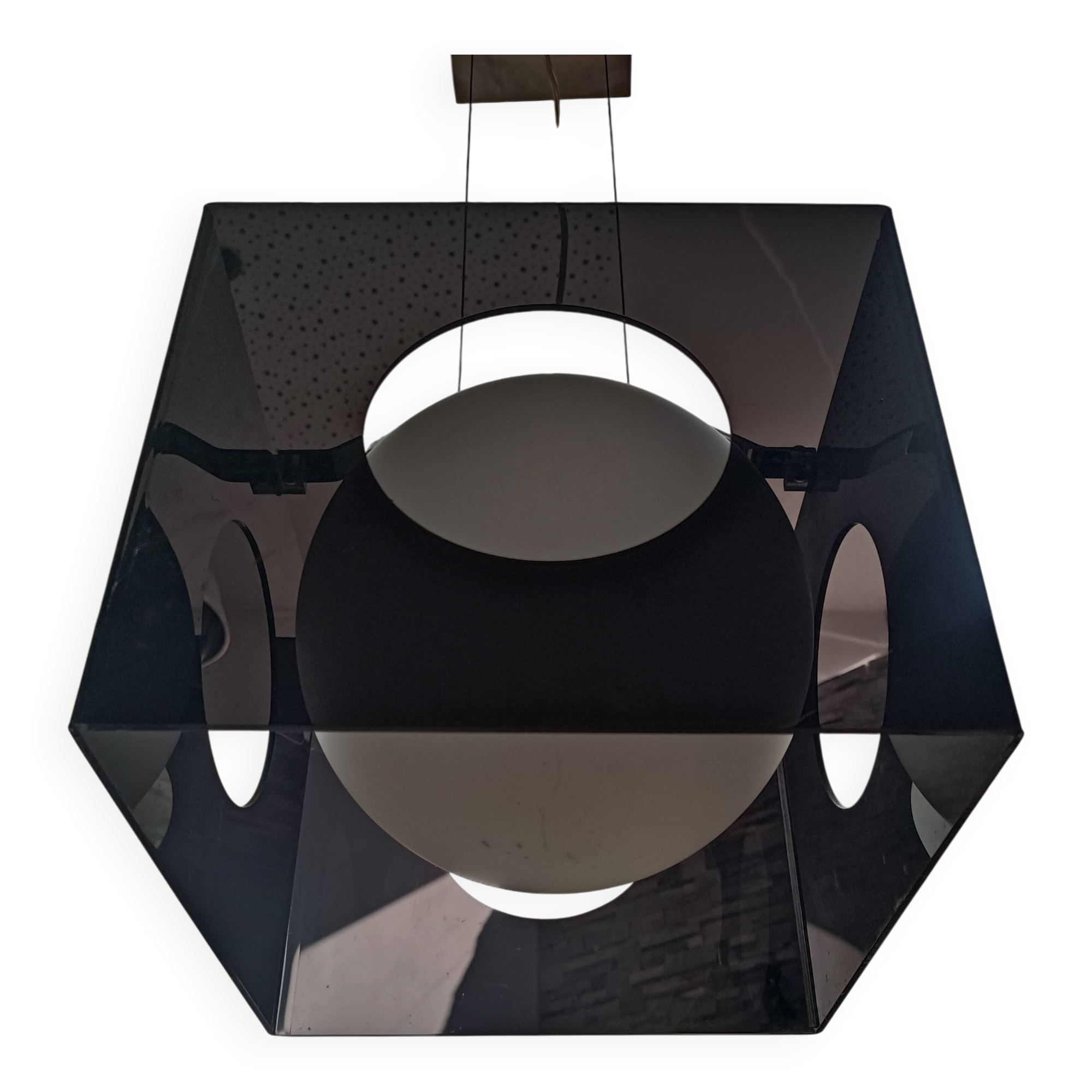 Suspended lamp design in smoked plexiglass from the 1990s.