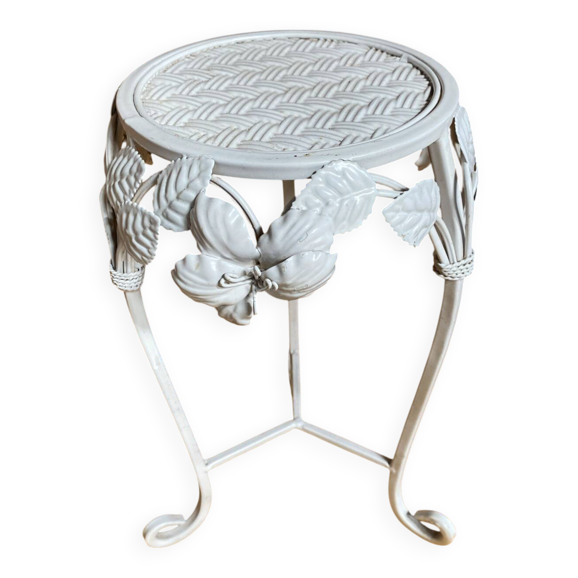 Table Appoint Guéridon Ancien Métal Blanc Décor Fleurs Vintage #E383