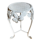 Table Appoint Guéridon Ancien Métal Blanc Décor Fleurs Vintage #E383