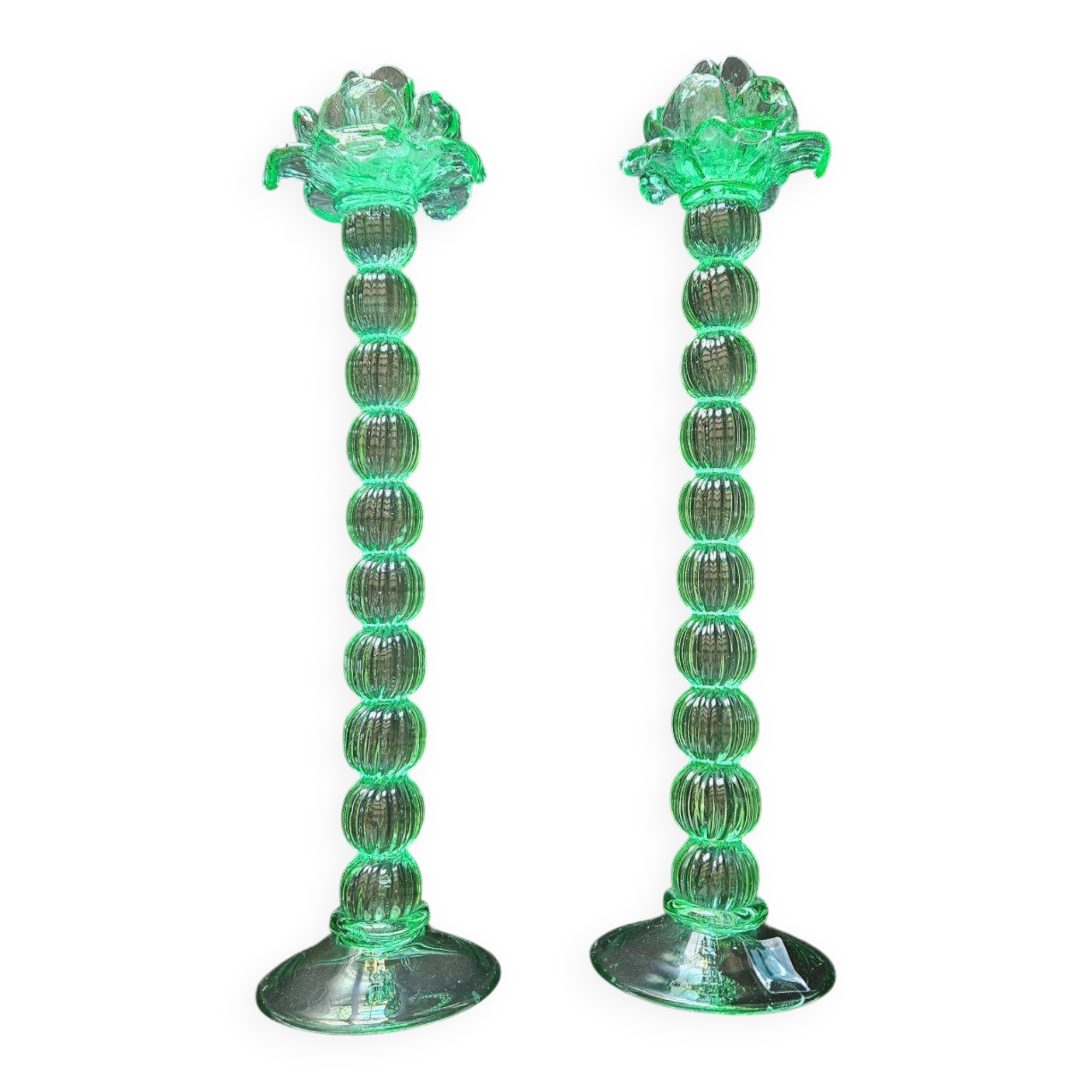 Broste Copenhagen - Pair of Large Green Blown Glass Candlesticks