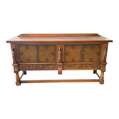Meuble de rangement espagnol de Mechelen / panneaux recouverts de cuir avec clous décorés / années 1960