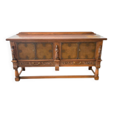 Mechelen Spanish sculptured sideboard / leather covered panels with decorated nails / 1960s
