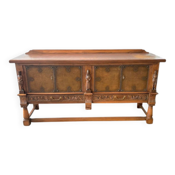 Meuble de rangement espagnol de Mechelen / panneaux recouverts de cuir avec clous décorés / années 1960