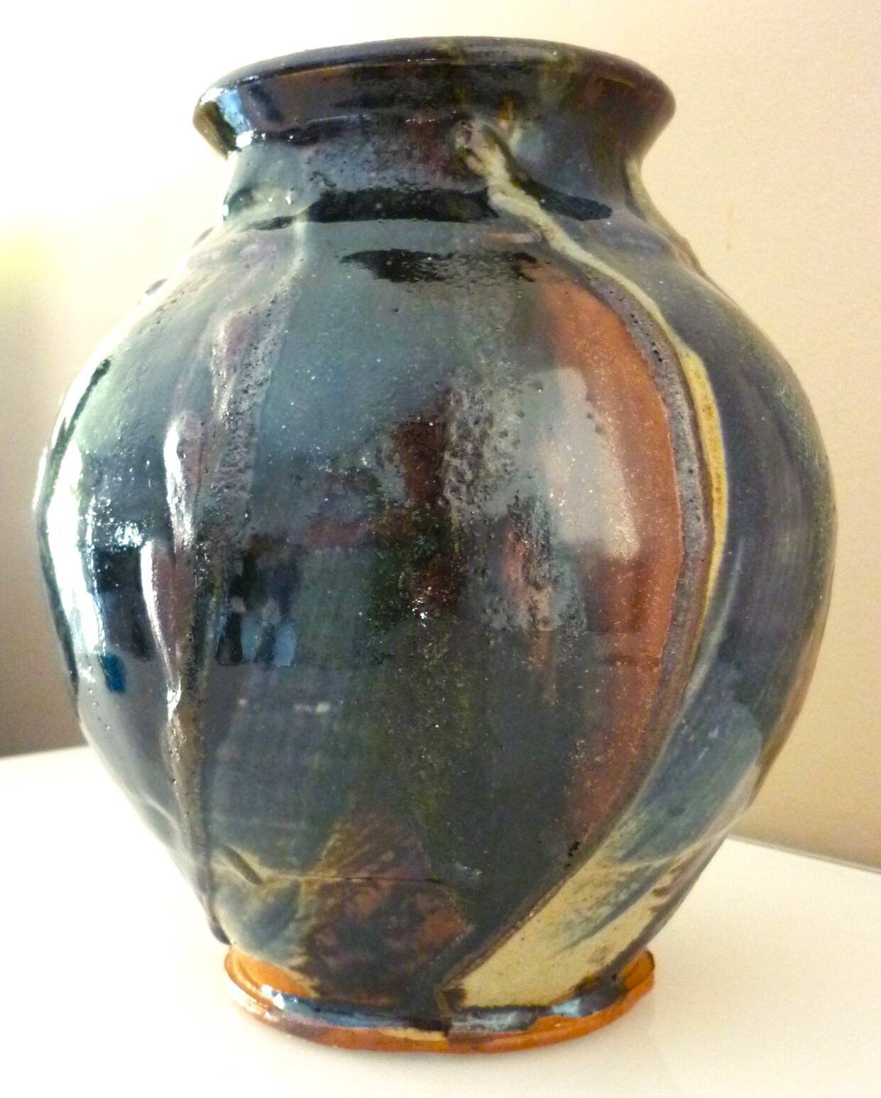 Ceramic vase, glazed stoneware, floral decoration, signature to be identified