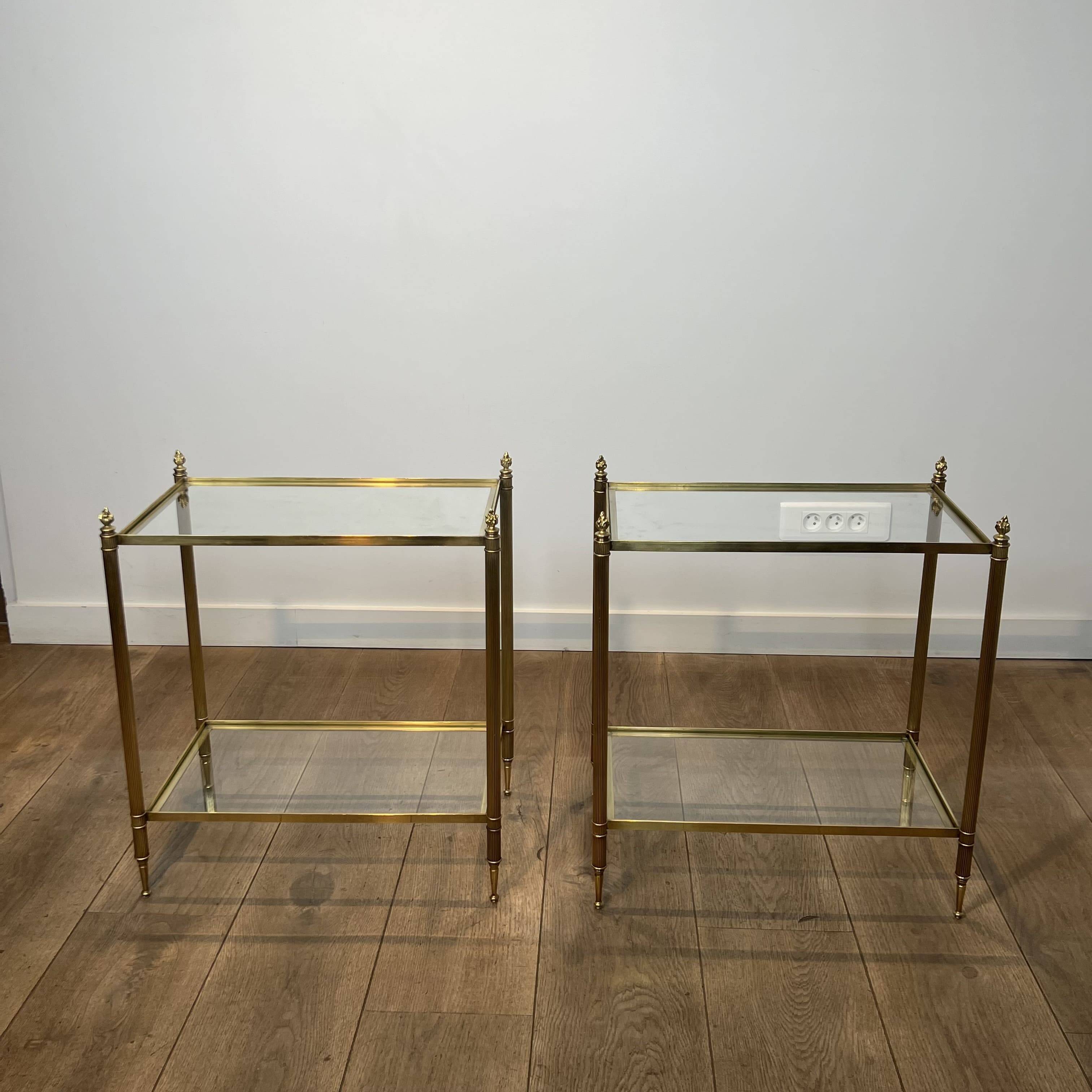 Pair of Side Tables with Two Brass and Glass Tops. Made in France.