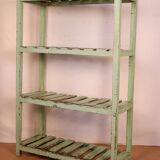 Old workshop shelf in Burmese teak with original green patina