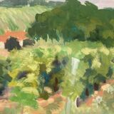 Aquarelle encadrée représentant un paysage agricole