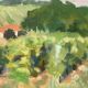 Framed watercolor depicting an agricultural landscape