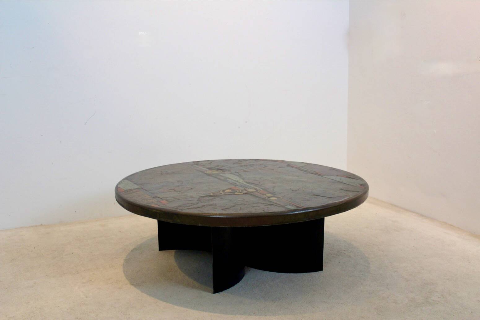 Brutalist Paul Kingma One-Off Slate, Ceramic and Brass Artwork Coffee Table, Signed