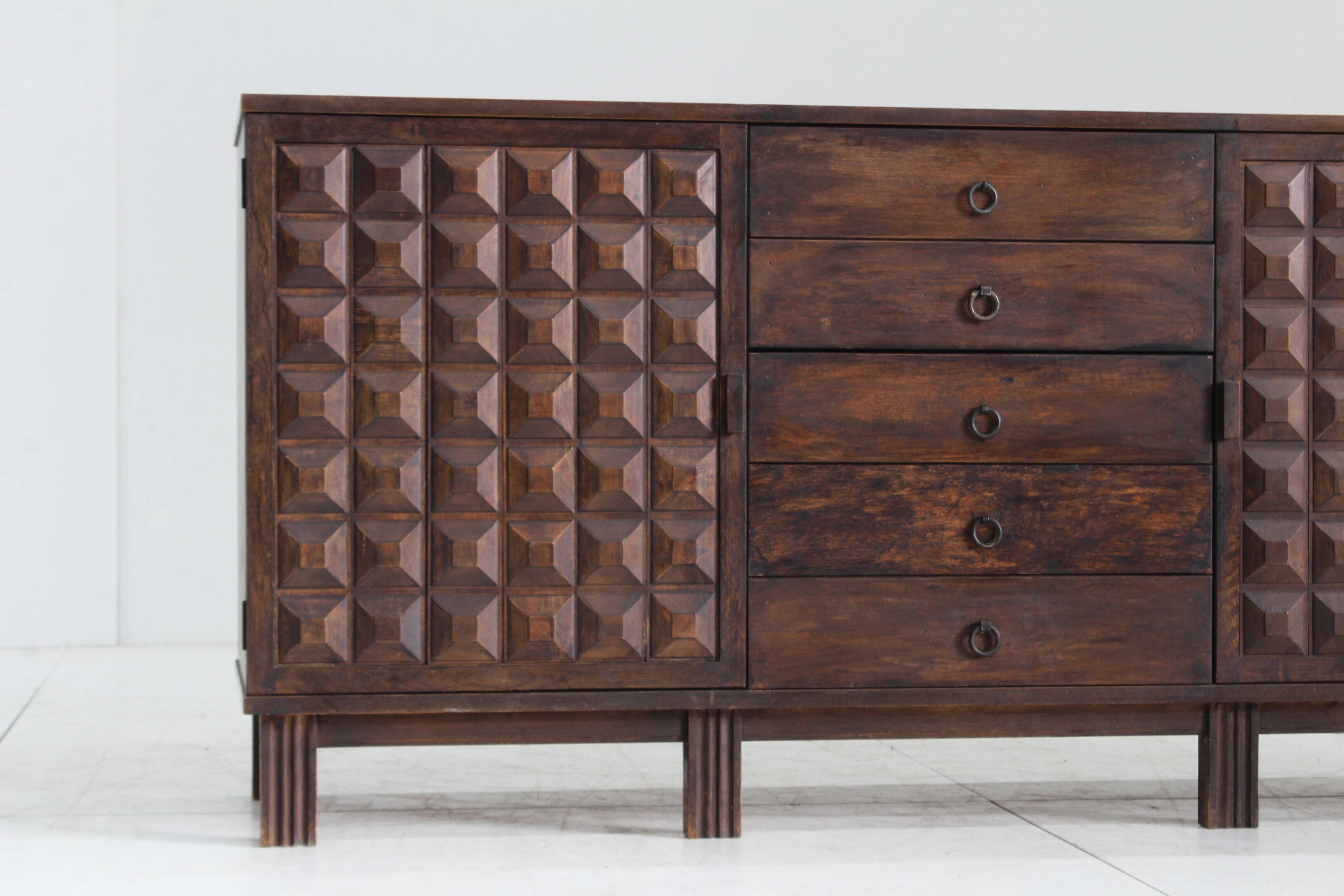 Brutalist Spanish carved sideboard credenza