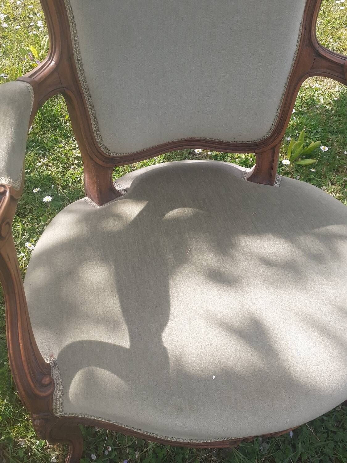 Pair of Rocaille style armchairs in green fabric and walnut, 19th century