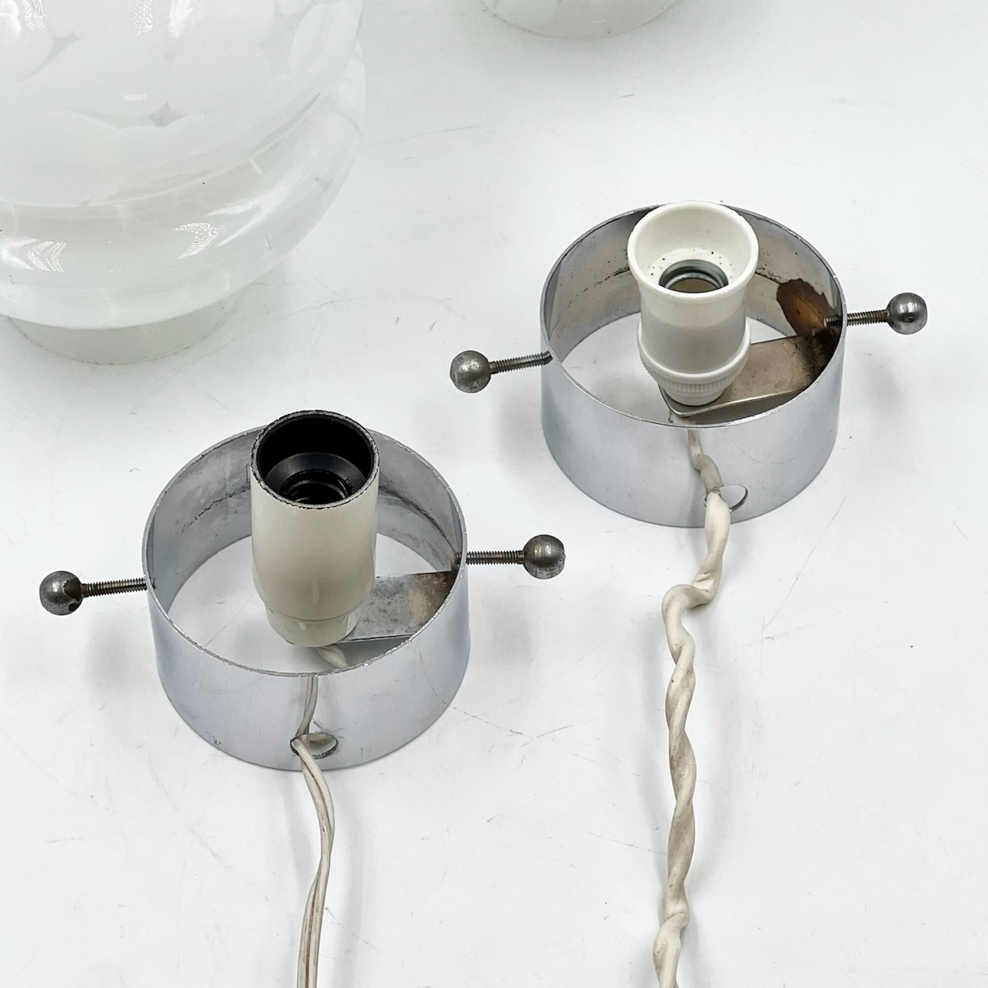 Vintage 70s Glass Table Lamps – White Glass with Metal Stand, Set of 2