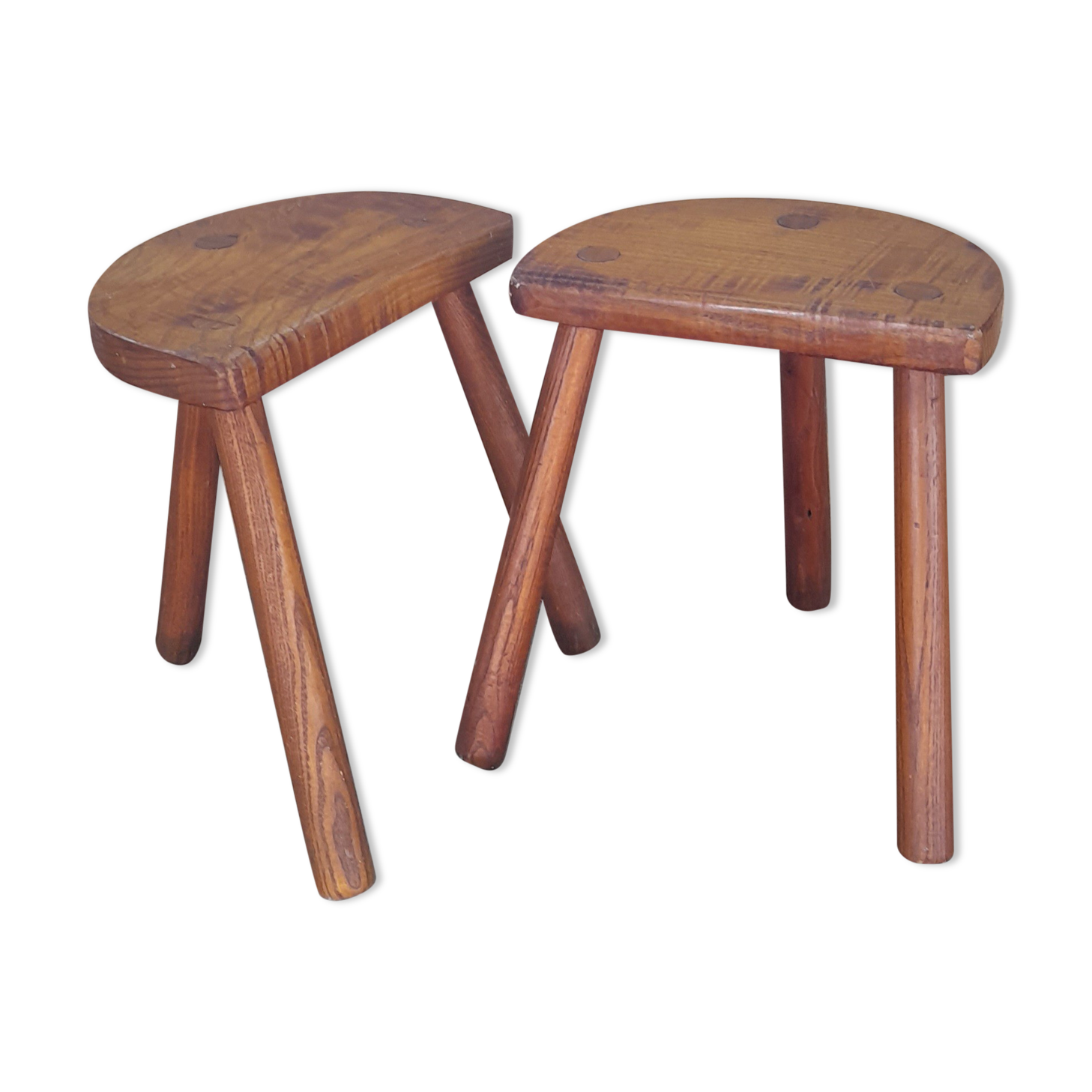 Duo of French half-moon farm stools tripod 60s