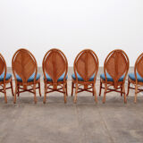 Bohemian bamboo mcguire dining table set with 6 palm leaf chairs, 1960 france.