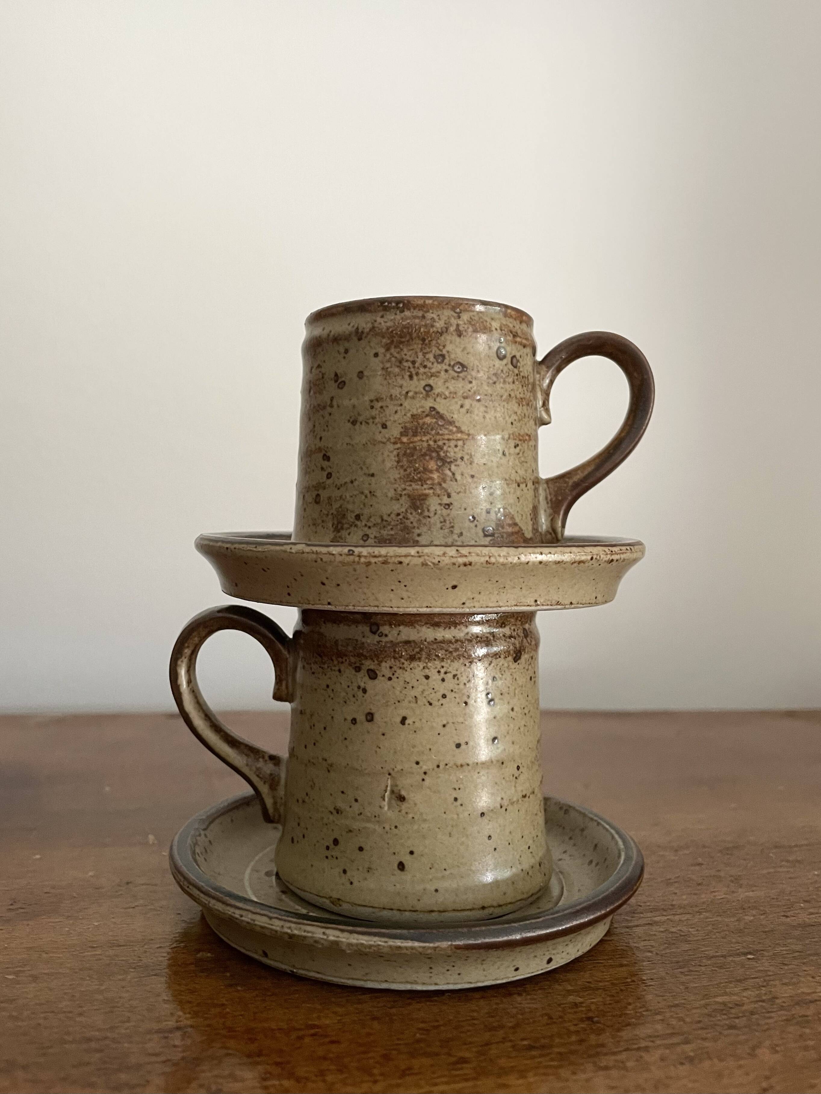 Théière avec 2 tasse à café en grès design vintage