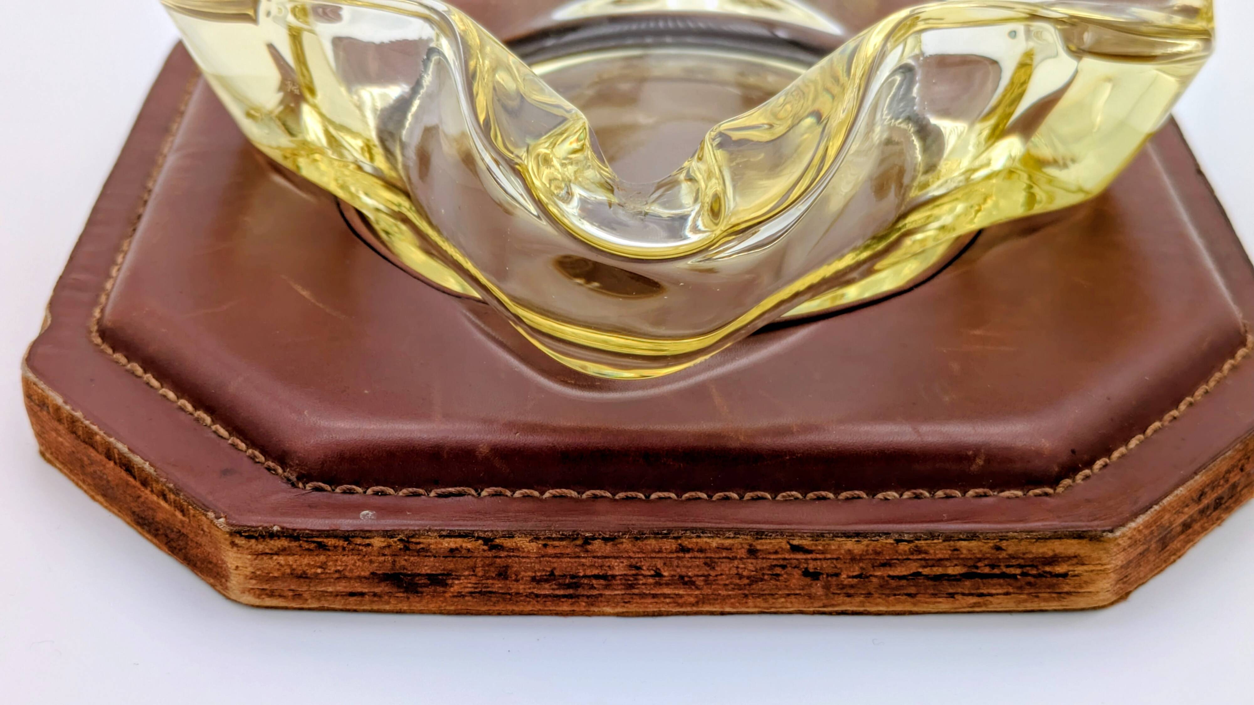 Ashtray / Catch-all Mid-Century Solid Glass Murano Style & Leather 1960