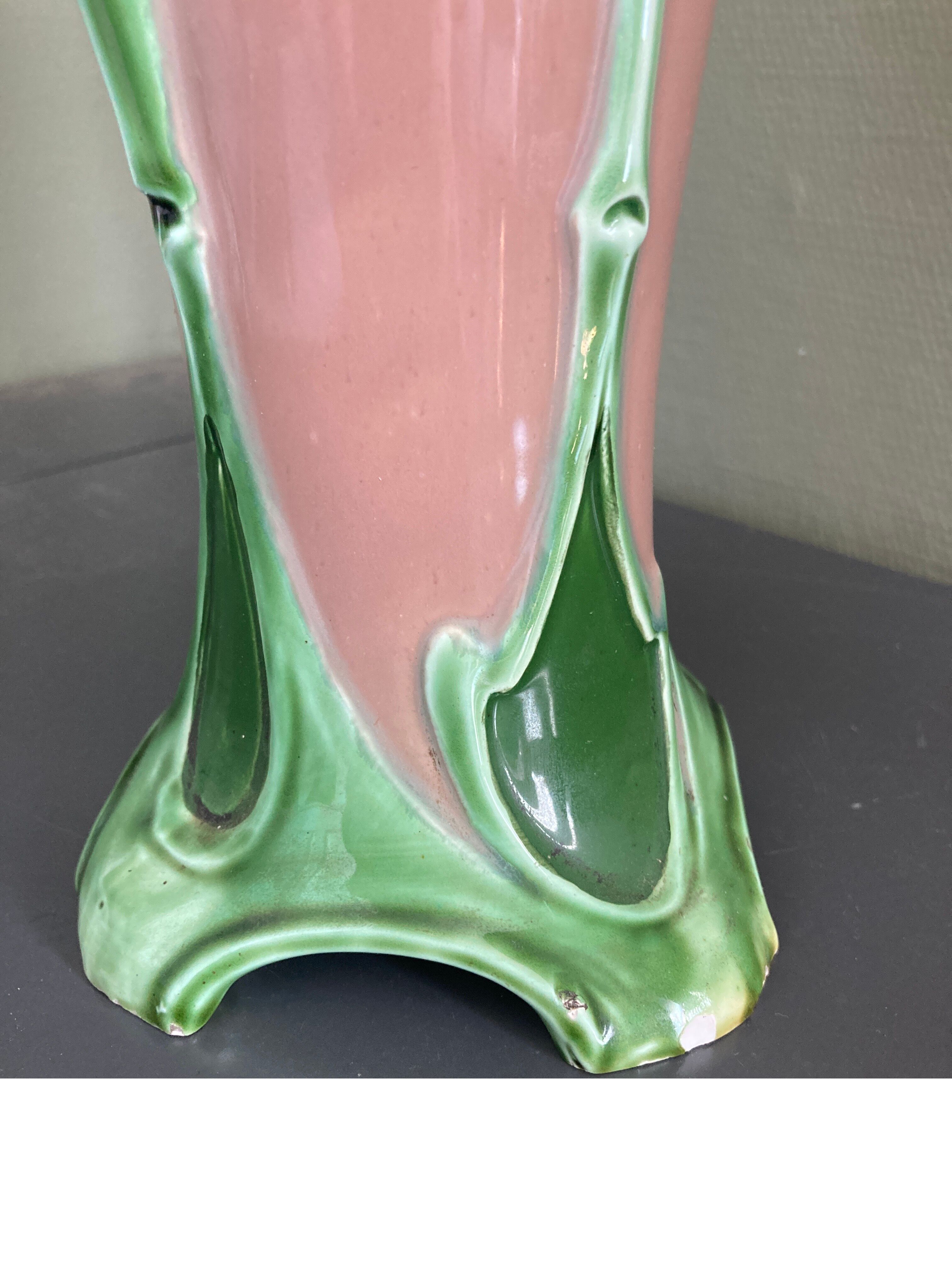 Art-nouveau splashy ceramic vase of flowers