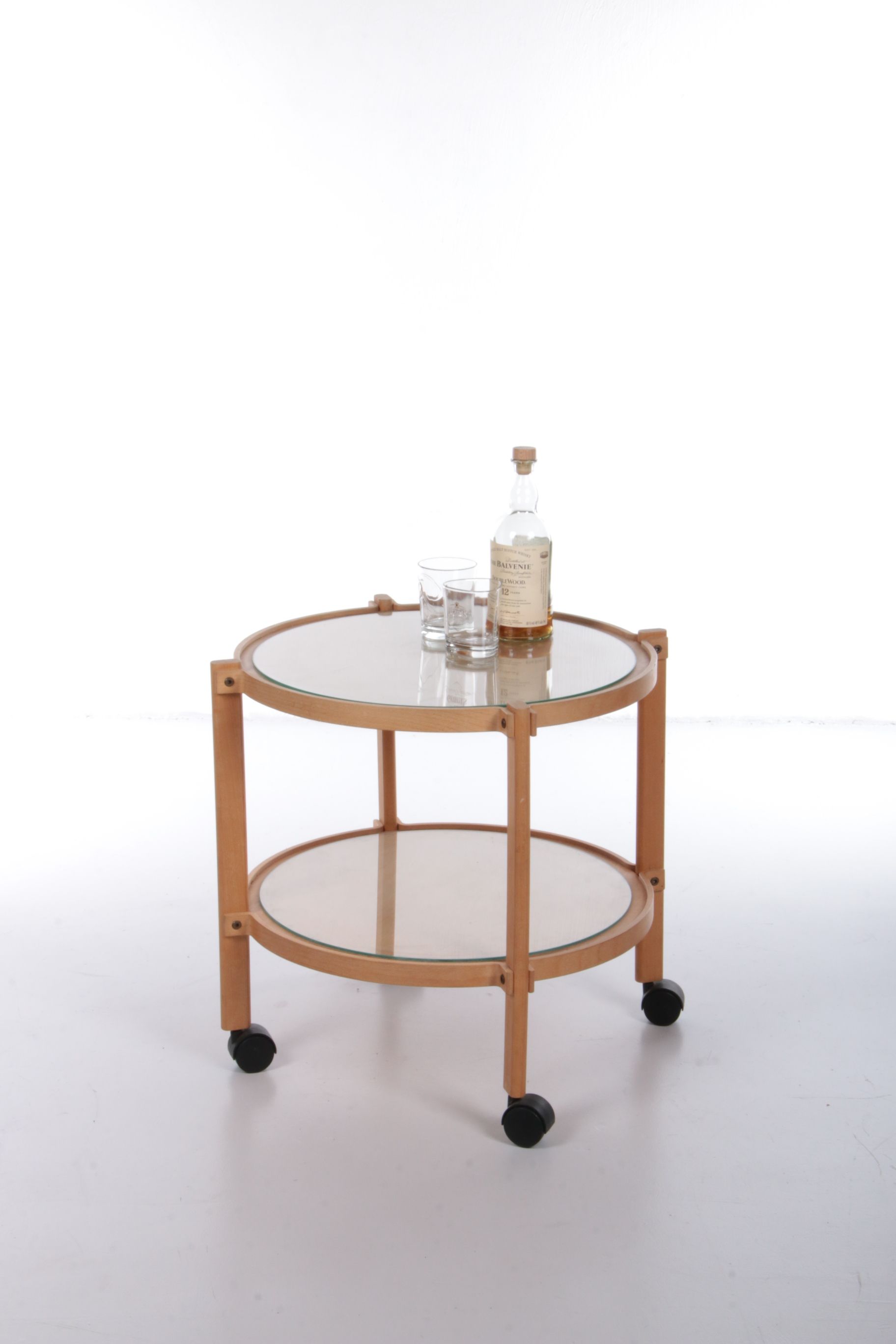 Scandinavian wooden trolley with glass plates and wheels 1970