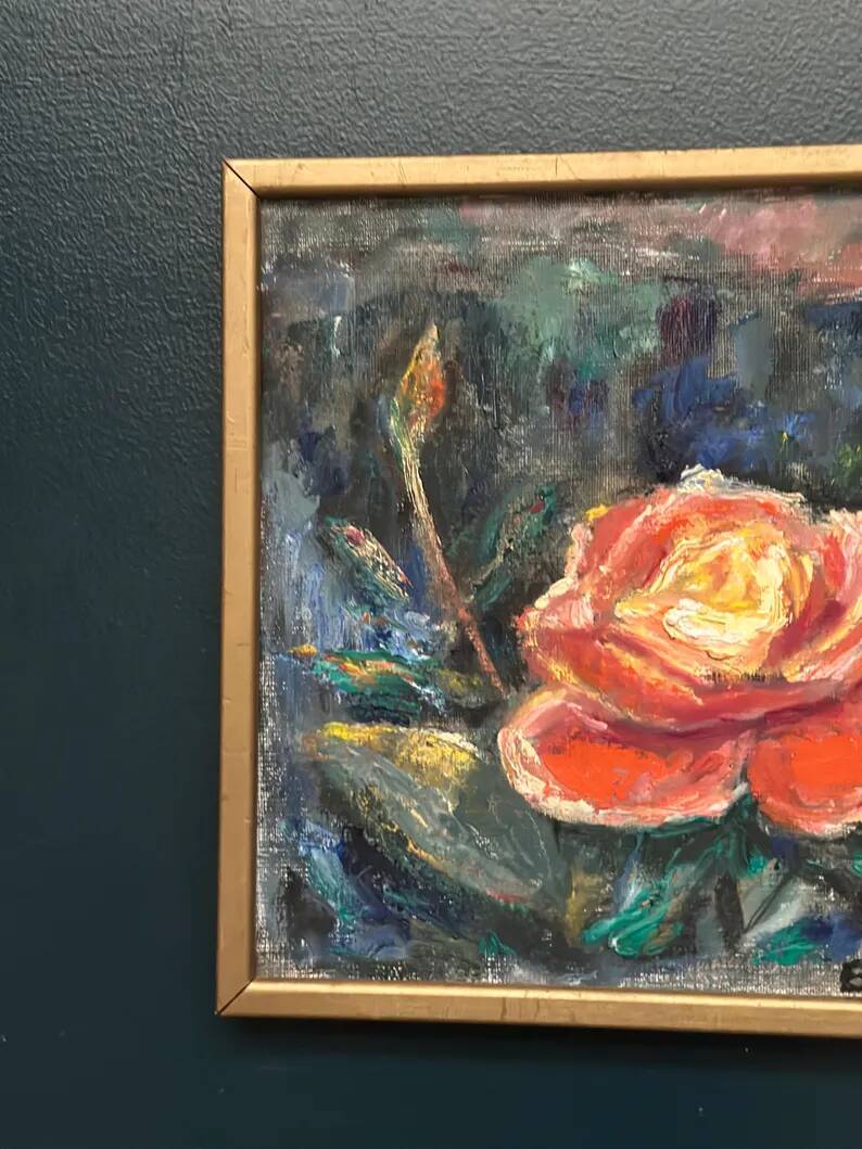 Original Swedish Oil on Canvas – “Yellow Rose” by B. Högsk – Signed – Vintage & Framed – 33 × 33 cm (13" × 13")