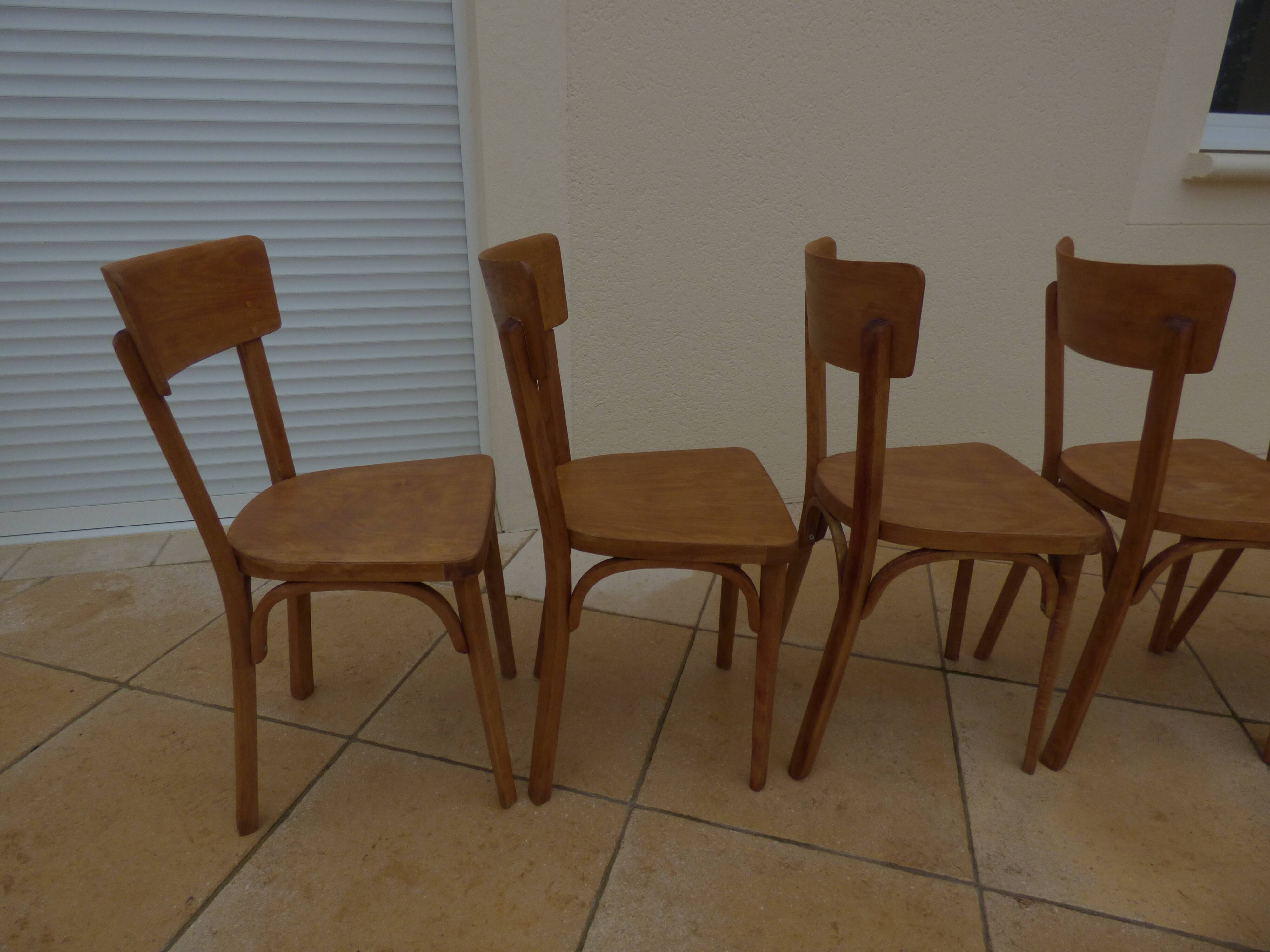 6 vintage Baumann wooden bistro chairs in their patina