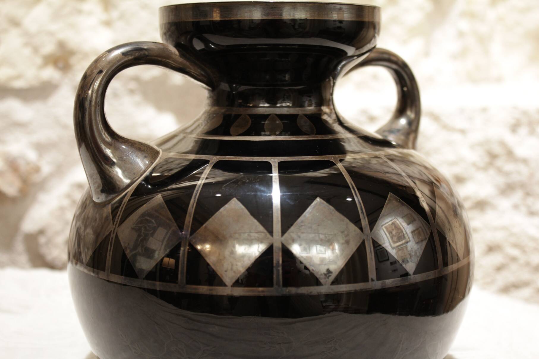 Black and silver glass vase signed hem, michel herman, circa 1930