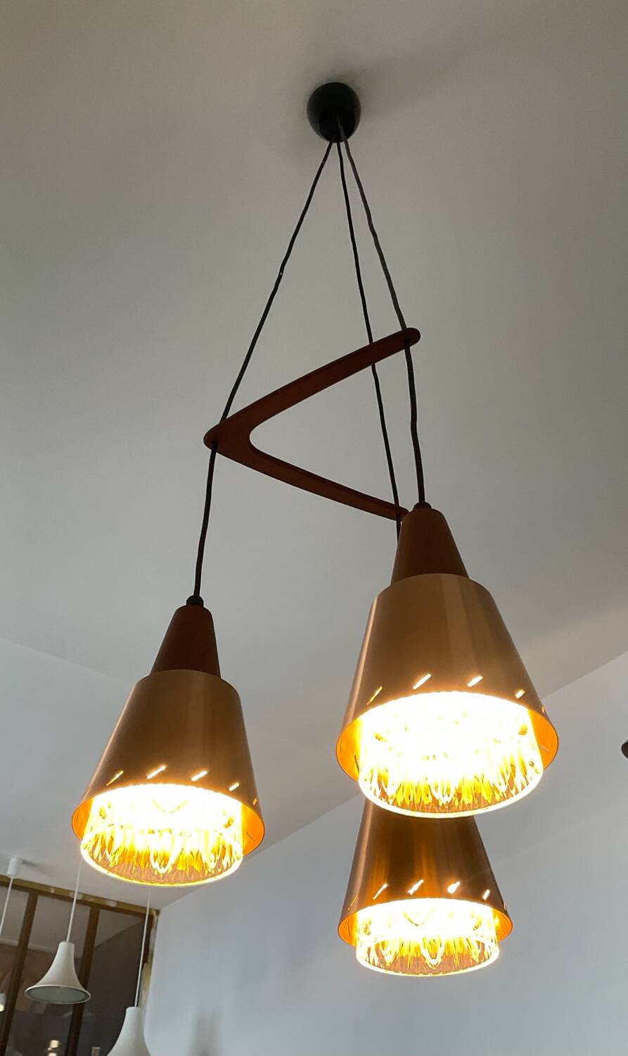 Scandinavian Boomerang chandelier from the 60s in teak, metal and glass
