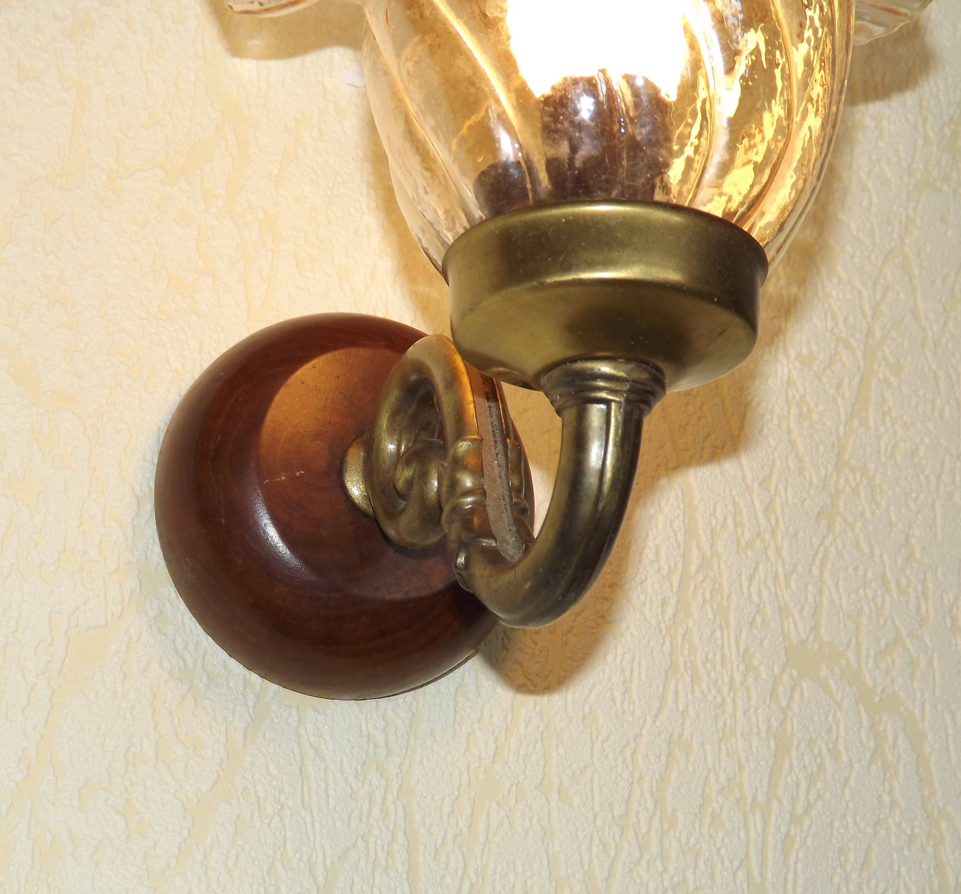 Vintage wooden and metal wall light with bronze effect, amber glass shade 5168