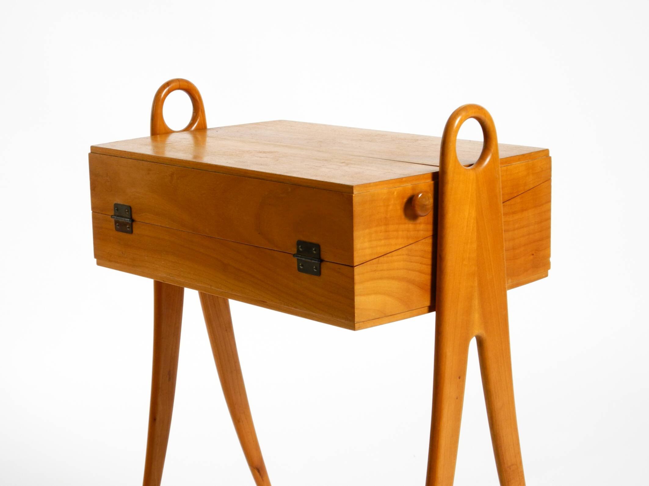 1950s ash wood sewing box, with a hinged top, multiple compartments