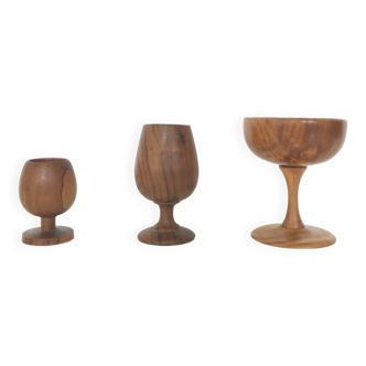 Trio verres coquetier et coupe scandinave en bois