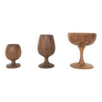 Trio of egg cup glasses and Scandinavian wooden cup