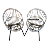 Paire de fauteuil enfant coque rotin & pied metal noir vintage