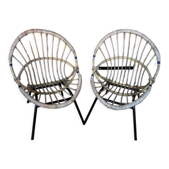 Pair of children's armchair rattan shell & foot metal black vintage