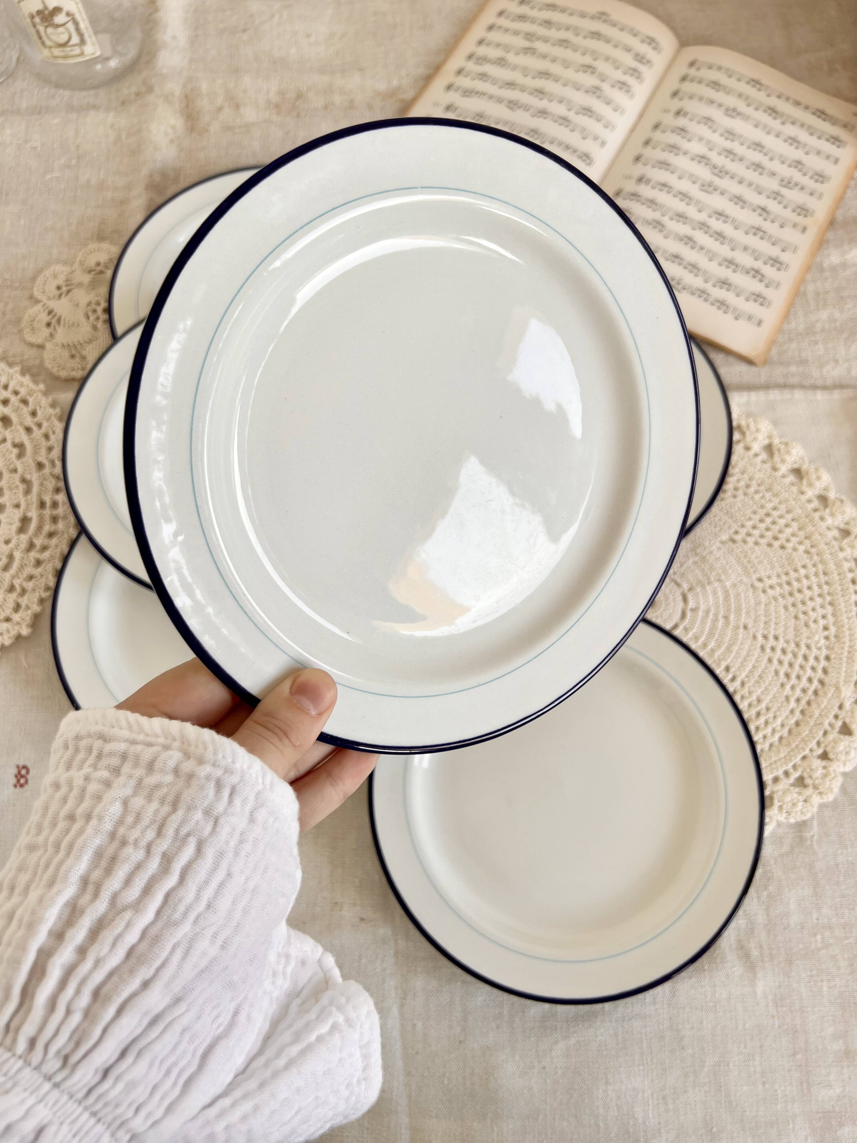 6 vintage Italian porcelain dessert plates with double blue edges