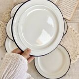 6 vintage Italian porcelain dessert plates with double blue edges