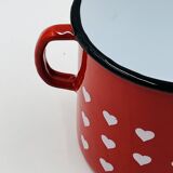 Vintage red enamelled measuring jug with hearts