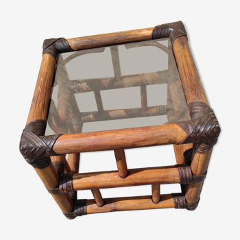 Table d'appoint en bambou vintage avec 1 plateau en verre couleur ambre foncé
