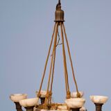 A large chandelier with six lights in alabaster and bronze, first half of the 20th century