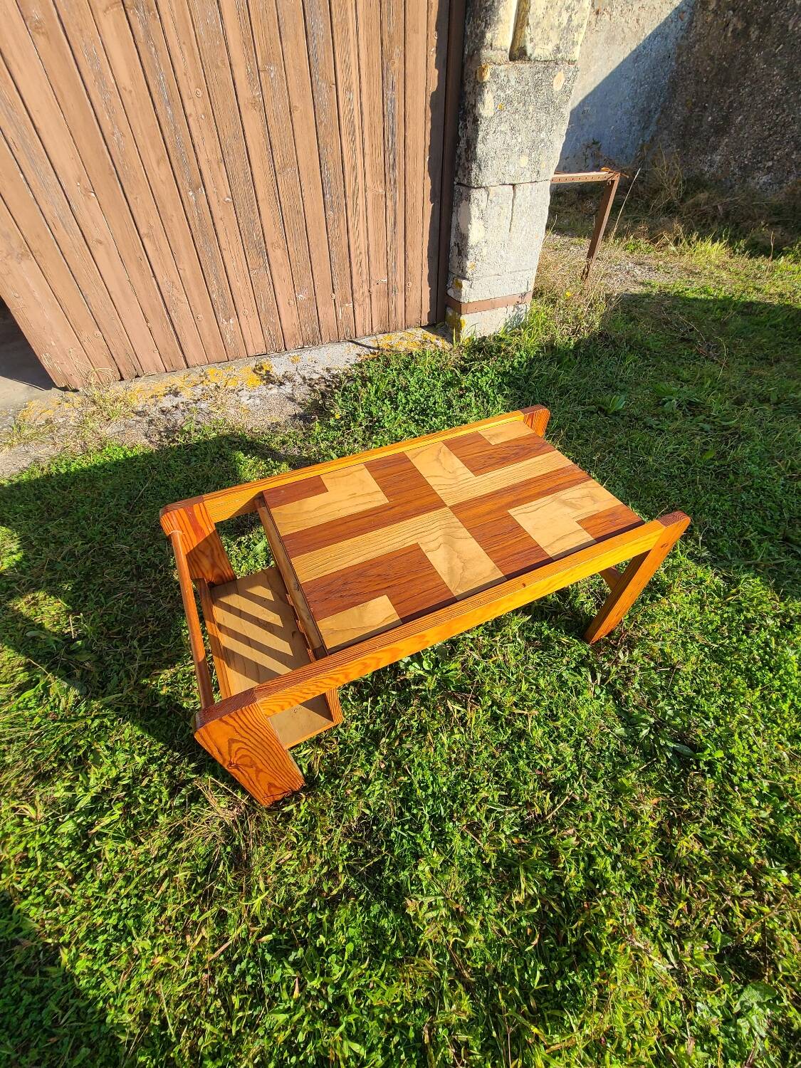 Pine coffee table, 1970s marquetry top, vinyl record rack.