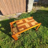 Pine coffee table, 1970s marquetry top, vinyl record rack.