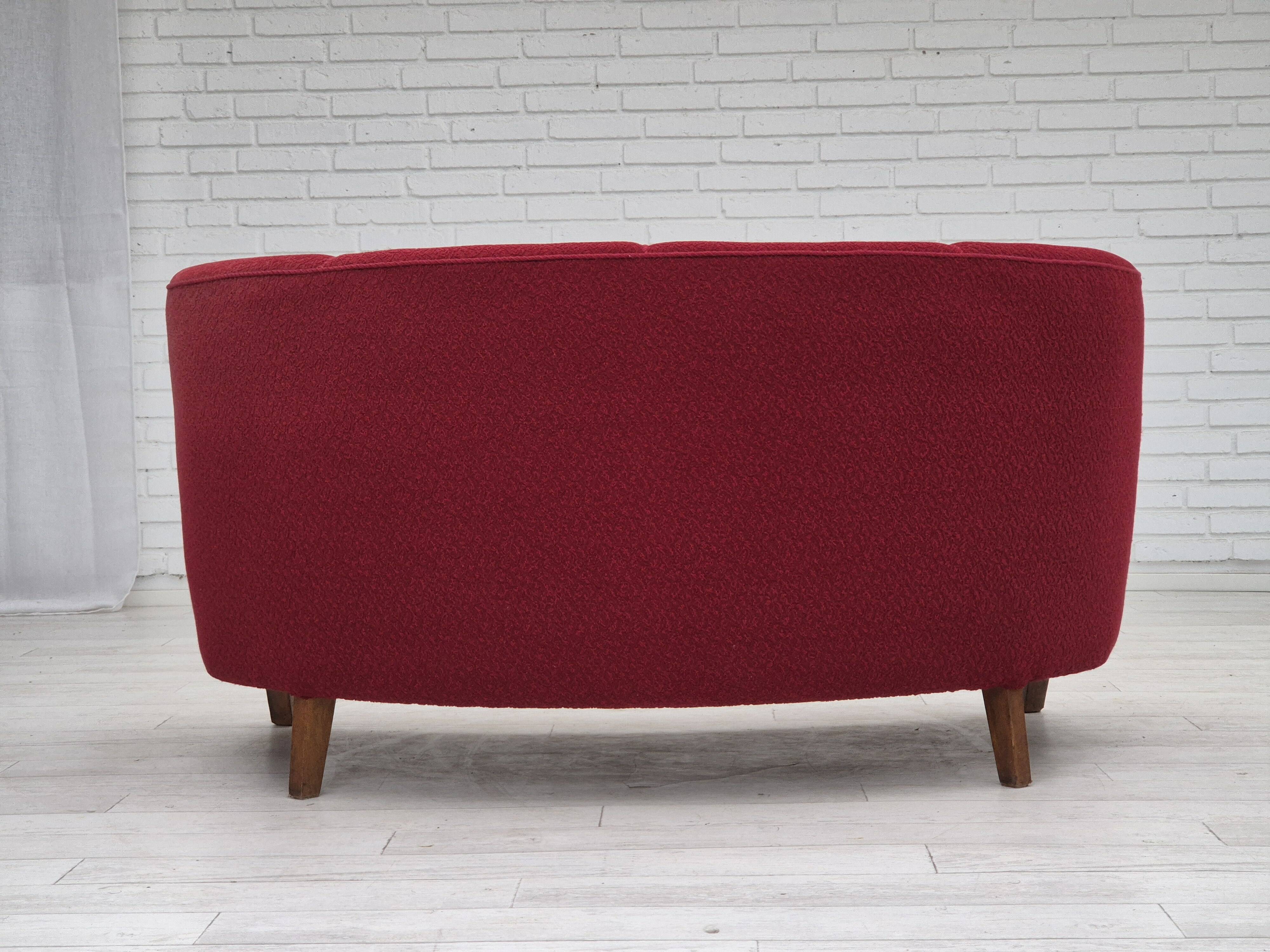 1960s, Danish 2-seater curved sofa, original red furniture fabric.