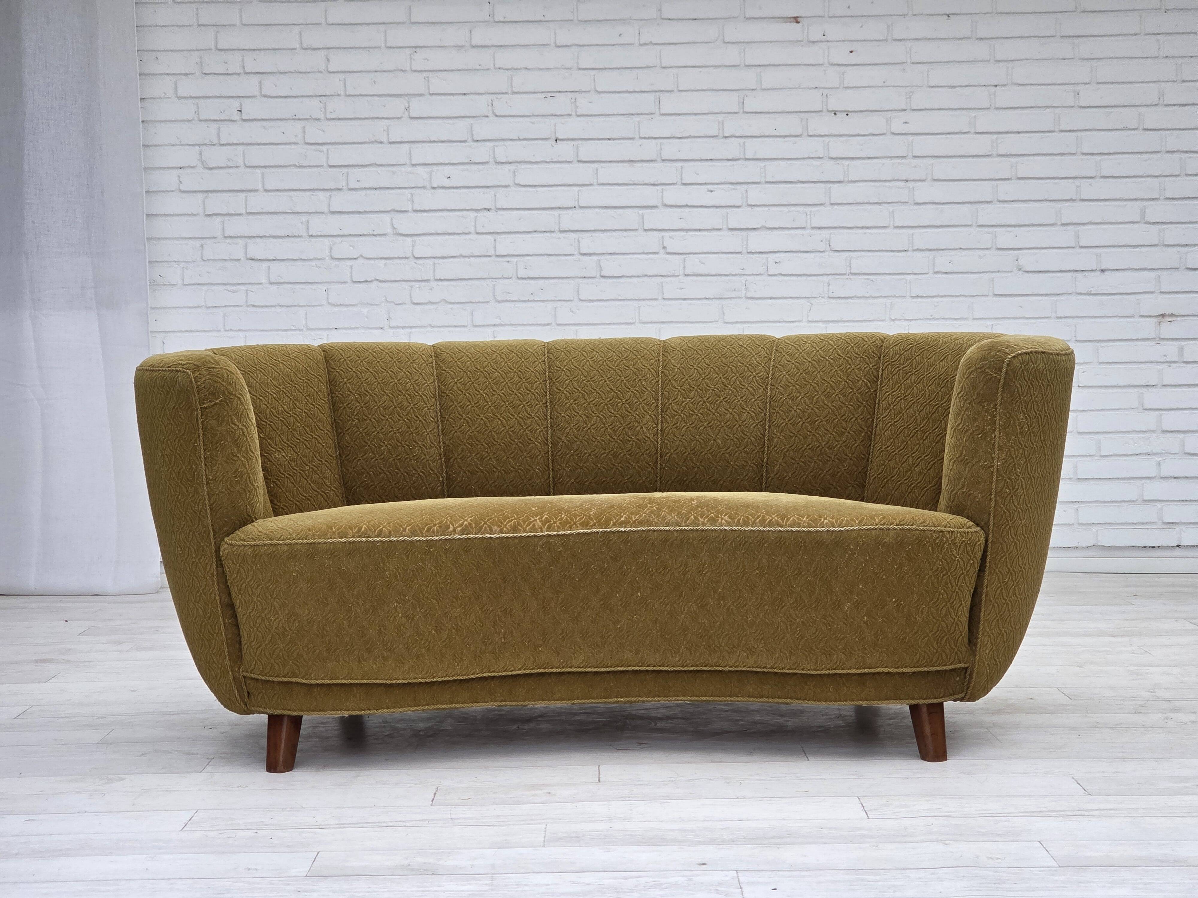 1960s, Danish 2-seater "Banan" sofa, green furniture wool, ash wood.