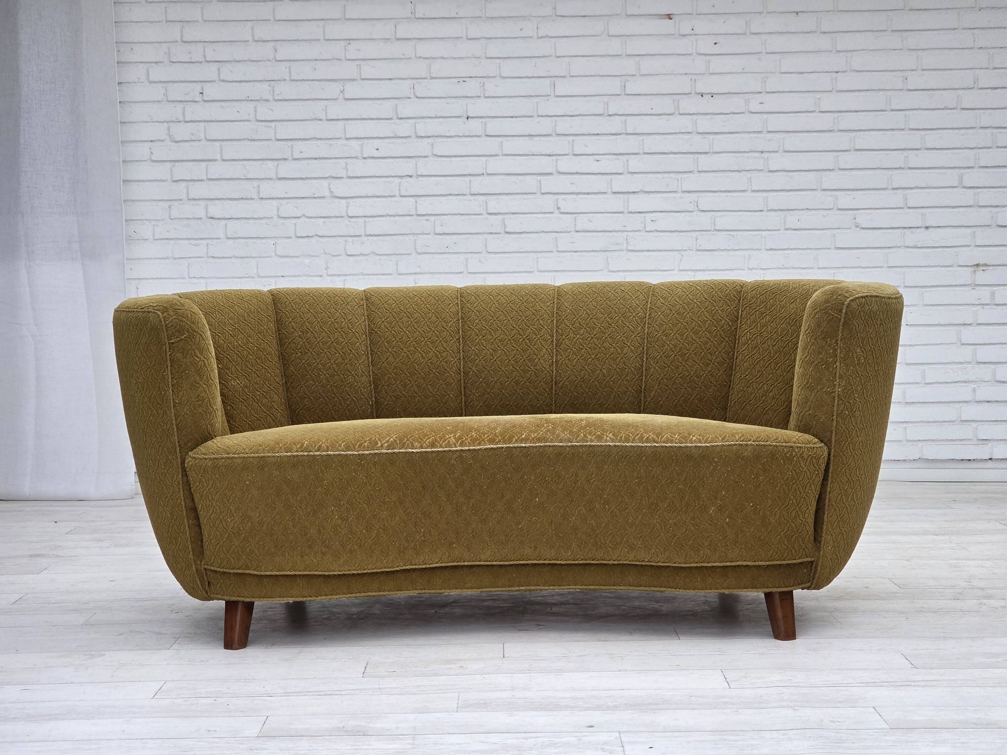 1960s, Danish 2-seater "Banan" sofa, green furniture wool, ash wood.