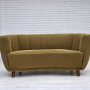1960s, Danish 2-seater "Banan" sofa, green furniture wool, ash wood.