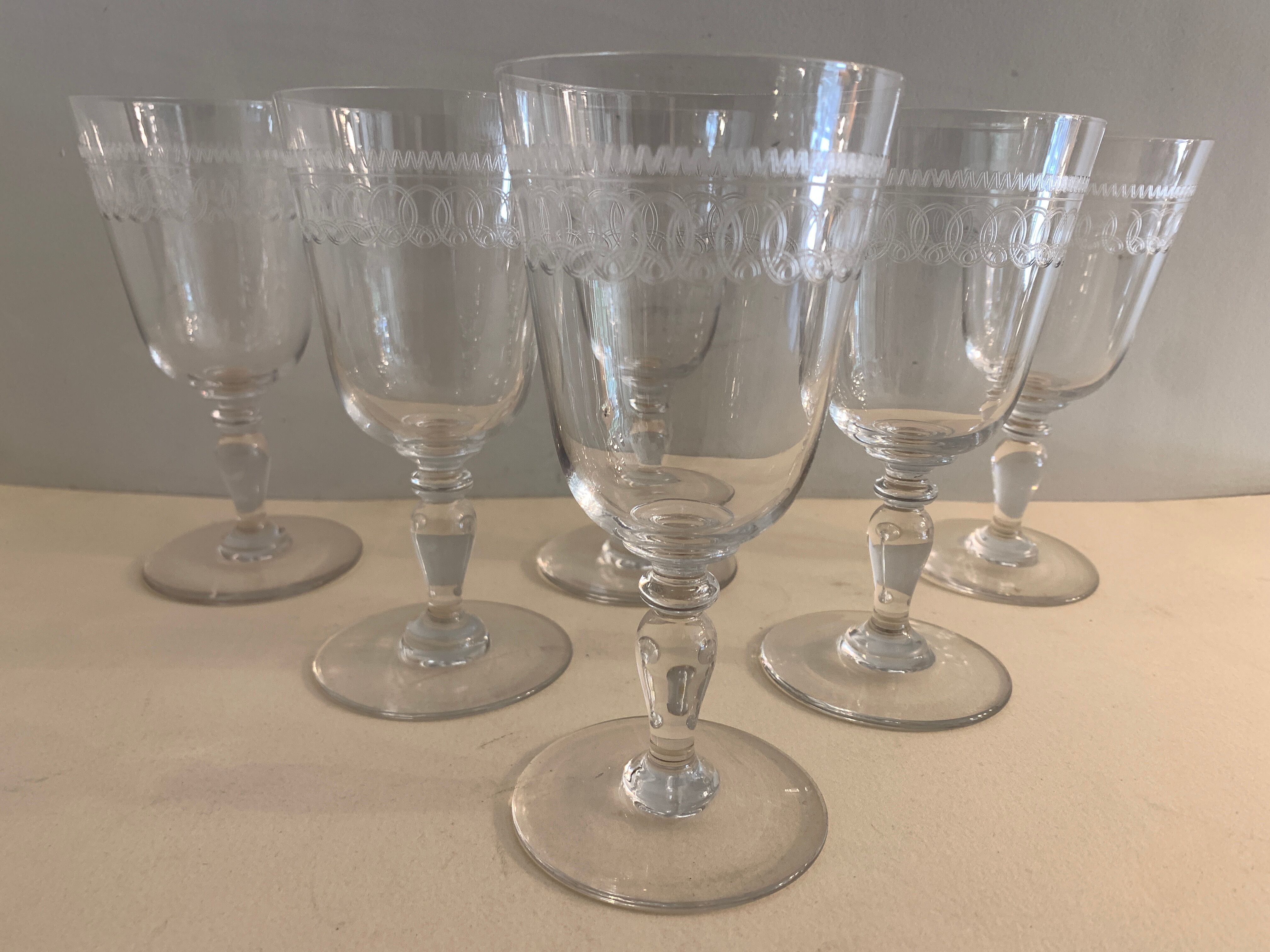 6 antique engraved crystal wine glasses