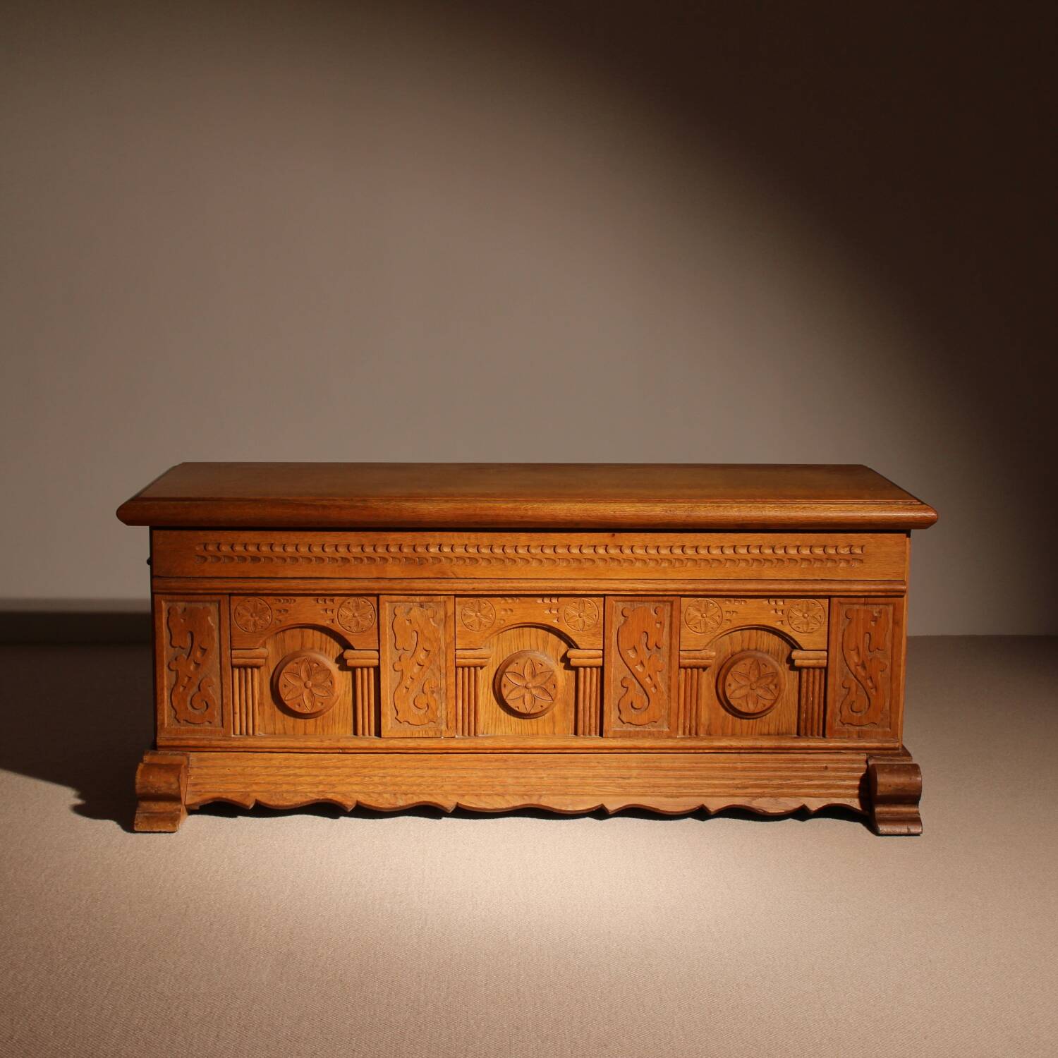 Carved Oak Chest with Decorative Front | Germany 1970s